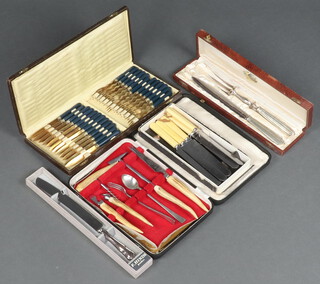 A cased cocktail set comprising 2 bottle openers, corkscrew, cocktail spoon, hammer and knife with stag horn handles, together with 12 cased Continental silver plated fruit knives and forks, a cased carving set and a collection of minor plated flatware (all contained in a plastic box) 