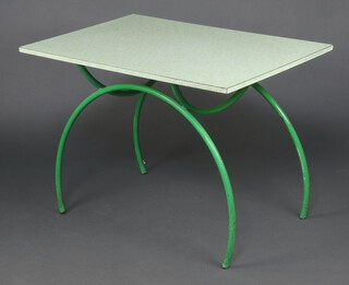 An Art Deco green tubular metal kitchen table with green and white floral patterned top 79cm h x 106cm w x 70cm d 