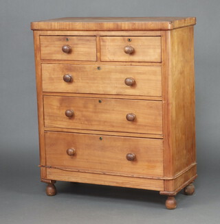 A Victorian mahogany D shaped chest of 2 short and 3 long drawers raised on turned supports 105cm h x 95cm w x 46cm d (some veneers missing in places) 