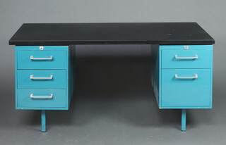 Harvey, a mid-Century black and blue painted pressed metal desk fitted 5 drawers 74cm h x 152cm w x 76cm d 