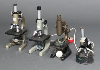 A Prior no.45532 single pillar microscope, a Opax ABF no.232738 ditto, a G Beck electric ditto and 1 other (eye piece missing) 