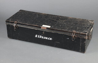 A rectangular black painted uniform trunk 26cm x 106cm x 40cm d