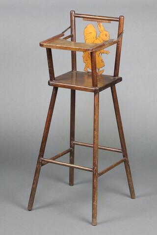 A child's beech framed high chair with slat back decorated a squirrel 94cm h x 27cm w x 33cm d 