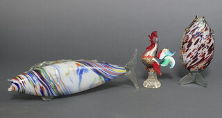 Two Murano style glass figures of fish and a ditto cockerel  