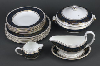 A Wedgwood Colombia design part dinner service comprising tureen and cover, sauce boat and stand, milk jug, 6 soup bowls and 6 dinner plates