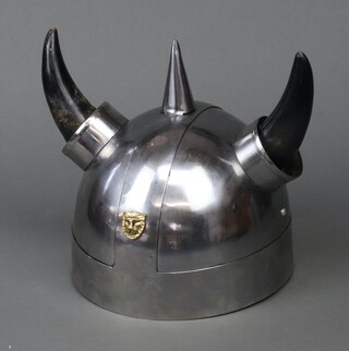 A reproduction steel helmet with horn effect mounts 