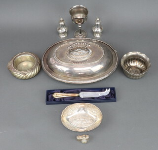 A silver plated entree dish and cover and minor plated wares 