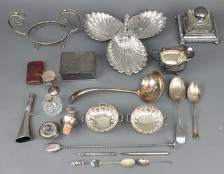 A silver plated 3 section nut dish and minor plated wares 