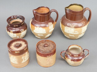 A Doulton Lambeth stoneware hunting jug 21cm, 1 other, 3 tobacco jars, one 2 handled bowl