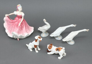 A Royal Doulton figure - Olivia HN3339 18cm, 3 Lladro geese and 2 Royal Doulton Terriers 