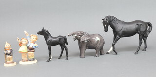 A Beswick style elephant 15cm, 2 horses and 2 Hummel figures 