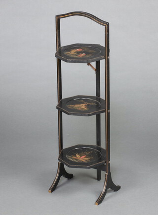 A 1930's octagonal black lacquered, chinoiserie style 2 tier folding cake stand 85cm h x 28cm x 24cm (split to top)