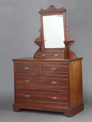 Maple & Co, an Edwardian mahogany dressing chest with mirror and 2 glove drawers above 2 short and 2 long drawers with brass swan neck drop handles, raised on bracket feet 177cm h x 106cm w x 53cm d (silvering to the mirror is showing signs of deterioration, water and contact marks in places)  