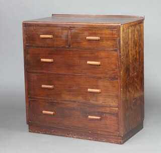 A mahogany finished chest of 2 short and 3 long drawers on a platform base 101cm h x 90cm w x 53cm d