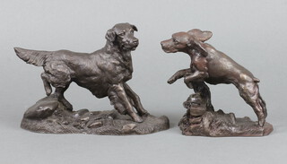 After J S Pouse, a bronzed figure of a standing golden retriever 15cm x 19cm x 8cm and 1 other of a jumping puppy 