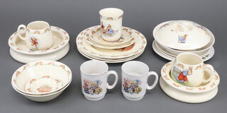 A quantity of Royal Doulton Bunnykins china including 2 child's bowls, 2 mugs, 1 cup, 2 fruit bowls, 2 small plates, 4 medium plates, a dish and minor china 