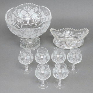 A cut glass fruit bowl, a bowl and 6 wine glasses