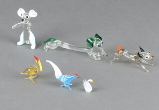 A coloured glass figure of a Dachshund and 5 other animals and birds