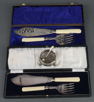 Two cased sets of silver plated fish eaters, a Georgian silver mustard and a plated spoon 