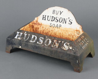 A reproduction Victorian cast iron dog bowl marked Buy Hudson's Soap 20cm x 40cm x 16cm 