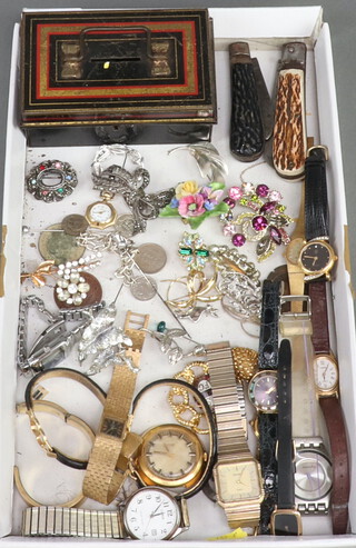 A collection of minor fashion wristwatches, costume jewellery and coins 