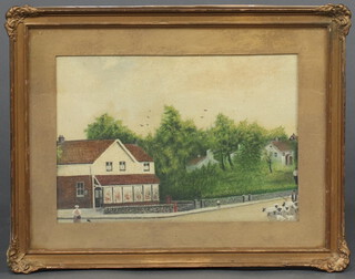 Early 20th Century oil, naive street scene with shepherd, flock and figures, unsigned, 24cm x 33cm 