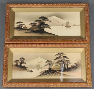 A pair of early 20th Century Japanese watercolours, studies of Mount Fuji with gilt highlights 11cm x 29cm 