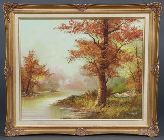 Napier, oil on canvas signed, river scene with trees, 50cm x 60cm  contained a gilt frame  