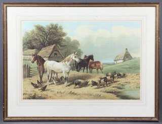 After J F Herring, a coloured print, standing horses and pigs 40cm x 61cm together with 1 other print of horse in stable with ducks 