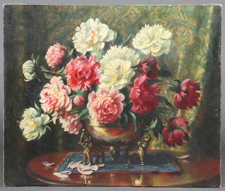 Oil on canvas, unframed, still life study of a vase of flowers