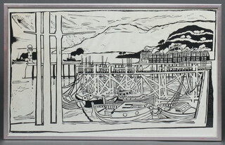 Monochrome prints, moored boats off a jetty 40cm x 66cm 