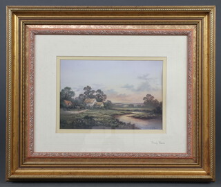 Wendy Reeves, coloured print, rural scene with thatched cottage and river 20cm x 29cm contained in a gilt frame 