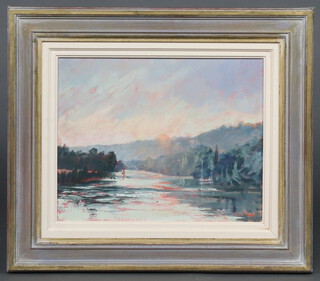 Mary Towsey, oil on canvas, river scene with trees and boat 33cm x 39cm 