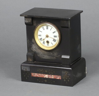 A French timepiece with enamelled dial Roman numerals contained in a 2 colour marble case 23cm x 19cm x 11cm 