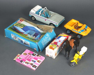 Barbie and Sindy, a collection of Sindy accessories including camping car, boxed Camping Adventure play set (in poor condition although tent inner lining is factory sealed), moped, wash basin boxed (poor condition), horse and a Barbie Heart family car with baby seat (in poor condition)  etc