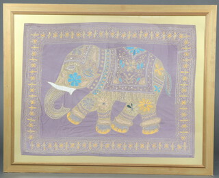 A pair of 20th Century Indian bullion work pictures of elephants 72cm x 93cm 