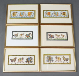 A set of 6 20th Century Indian watercolours of walking elephants 8cm x 22cm 