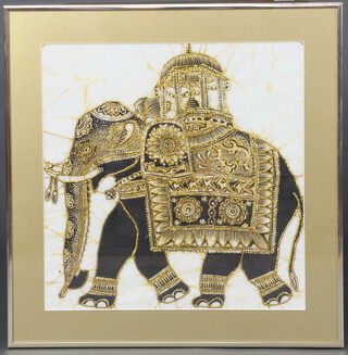 A 20th Century Indian bullion work picture of an elephant 35cm x 35cm together with a pair of ditto 42cm x 33cm 