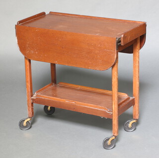 A rectangular walnut 2 tier mahogany drop flap tea trolley 68cm h x 67cm w x 37cm d 