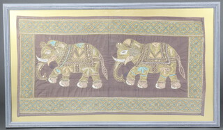 A 20th Century Indian bullion work picture of 2 elephants 50cm x 93cm 