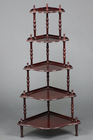 A Victorian style mahogany finished 5 tier corner what-not 121cm h x 44cm w x 44cm d 