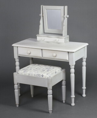 A grey painted Victorian style dressing table fitted 2 drawers, raised on turned supports 73cm h x 92cm w x 43cm together with a dressing table mirror and stool 