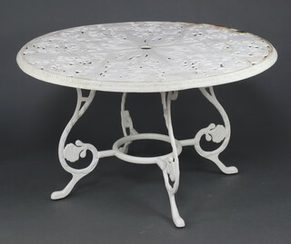 A Victorian style circular pierced aluminium garden table with associated plate glass top, raised on cabriole supports 77cm h x  130cm diam. 