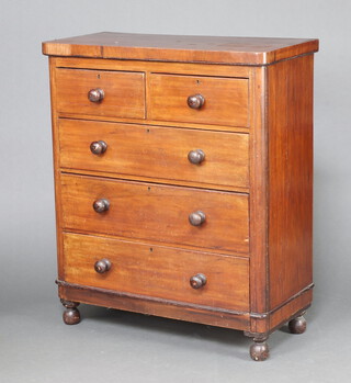 A Victorian mahogany D shaped chest of 2 short and 3 long drawers with turned handles 116cm h x 98cm w x 45cm d (veneers missing in places) 