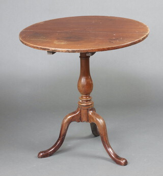 A 19th Century circular mahogany snap top tea table raised on pillar and tripod base 76cm h x 74cm diam. (split to top)