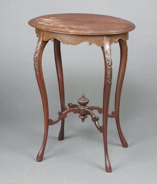 An Edwardian oval mahogany occasional table raised on cabriole supports with X framed stretcher 71cm h x 55cm w x 39cm d (water and contact marks in places)