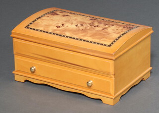 A beech and walnut finished dome shaped jewellery box, base fitted a drawer, 15cm x 29cm x 19cm 