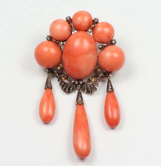 A good Victorian 6 cabochon and 3 tear drop coral and 60 (ex 61) mine cut diamond yellow metal brooch pendant, in a Harvey & Gore fitted box 31.2 grams, 70mm x 40mm 