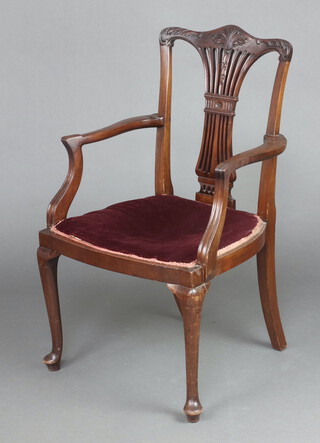 An Edwardian chippendale style mahogany open arm carver chair with vase shaped slat back and upholstered seat, raised on carved supports 97cm h x 59cm w x 46cm d (seat 36cm x 30cm) 