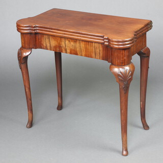 A 19th Century mahogany Georgian style triple flap tea/card table, fitted candle stands and wells, raised on cabriole supports 76cm h x 83cm w x 41cm d 